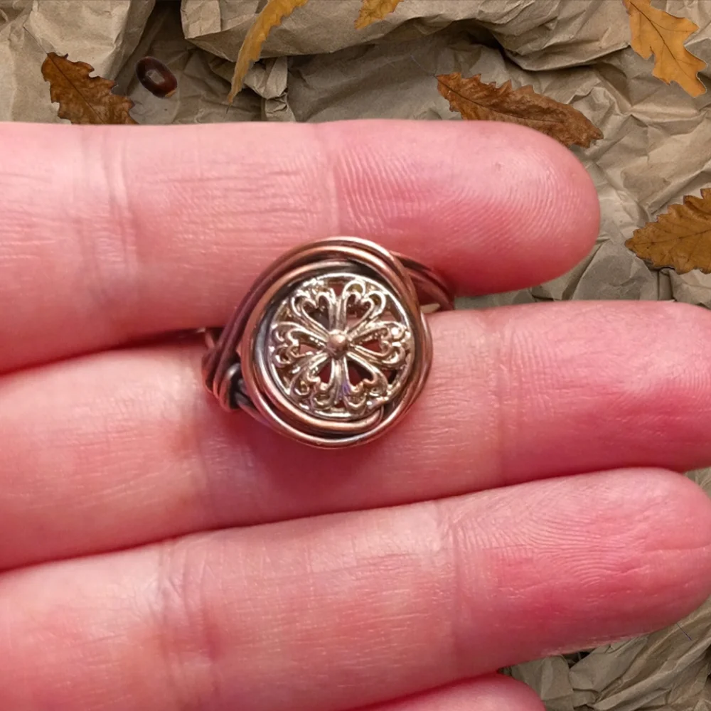 Artisan Copper Wire Wrap Ring with Silver Filigree Bead – Oxidized Finish - Picture 1 of 5